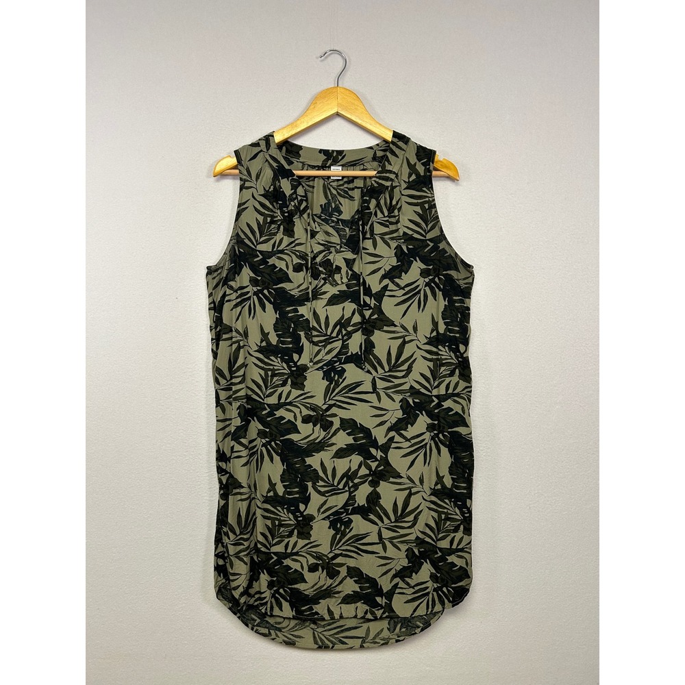 Tropical Safari‎ Old Navy Women M Green Palm Print Slvless Tie Neck Shift Dress